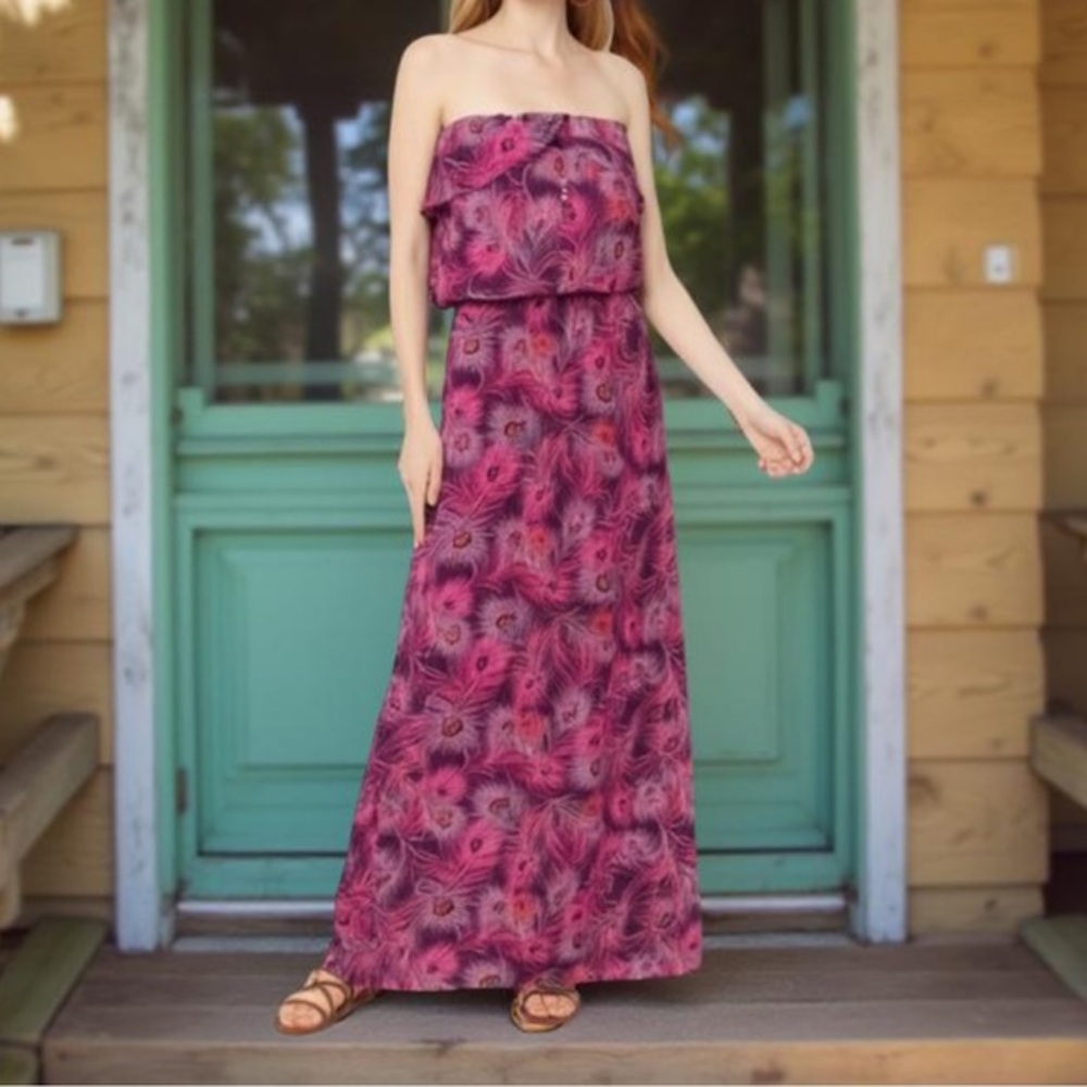 Kirra Peacock Feather Strapless Maxi Dress